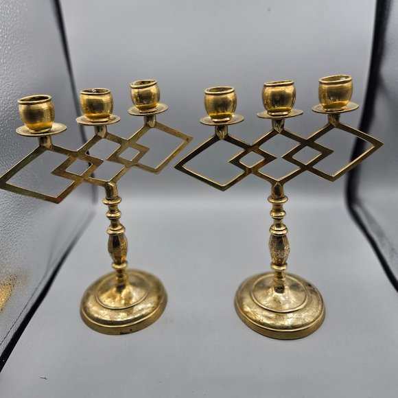 Pair of Brass etched  3 candle candelabra - Picture 1 of 9